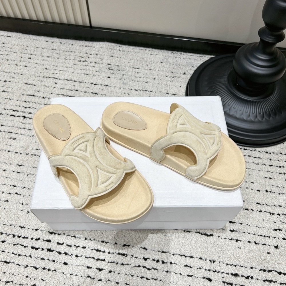Celine Cream Suede Slide Sandals with Signature Cutout - Picture 2 of 9